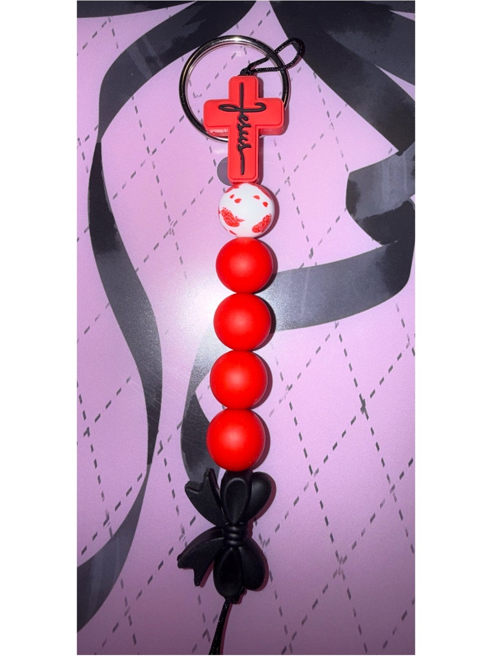 Red Beaded Cross Keychain with Black Bow